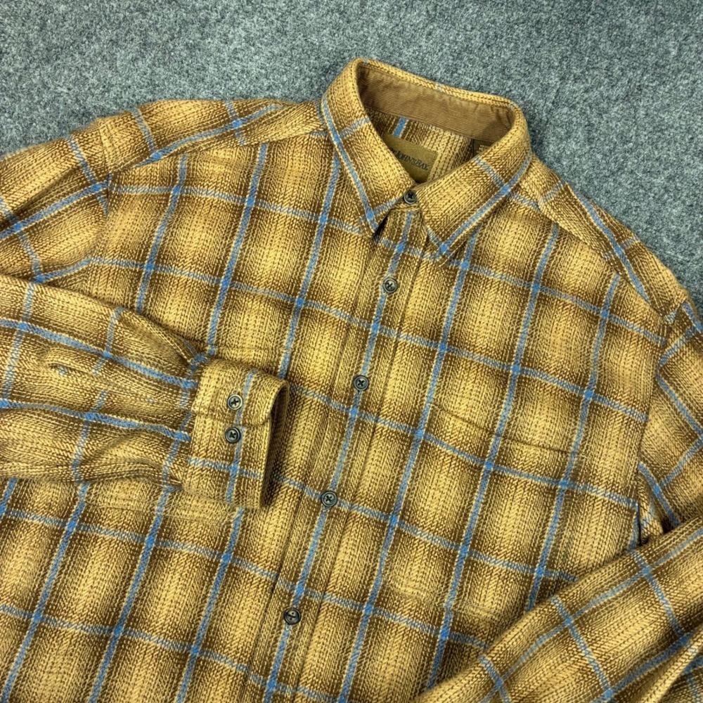 St Johns Bay Mens Size Medium Yellow Brown Blue Plaid Flannel Button Down Shirt